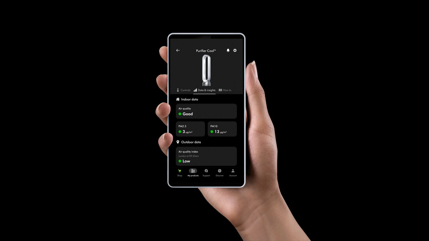 The Dyson Purifier Cool PC1 air purifier being controlled remotely via the MyDyson app.