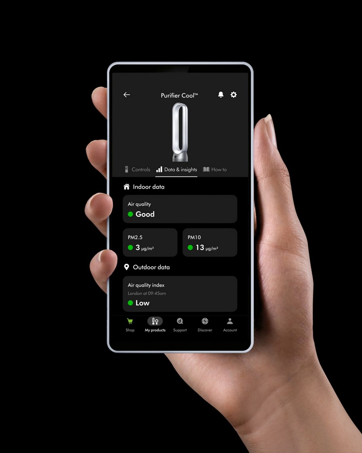 The Dyson Purifier Cool PC1 air purifier being controlled remotely via the MyDyson app.