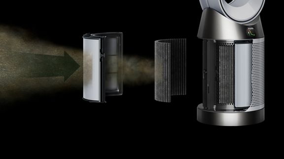 Eine Schnittdarstellung der Filter des Dyson Purifier Cool PC1, die Partikel einschließen.