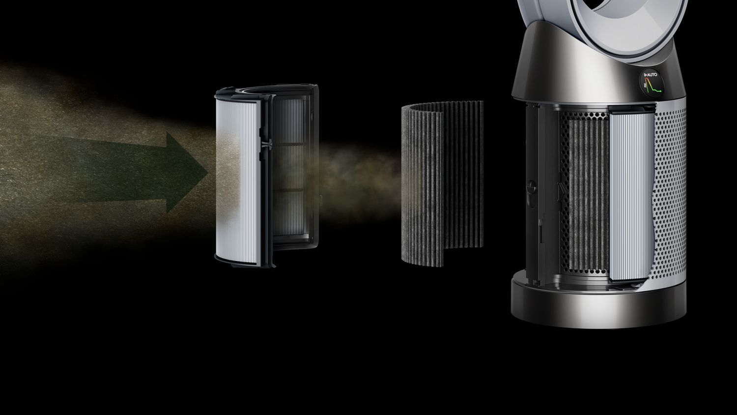A Dyson Purifier Cool PC1 cutaway of the filters trapping particles.