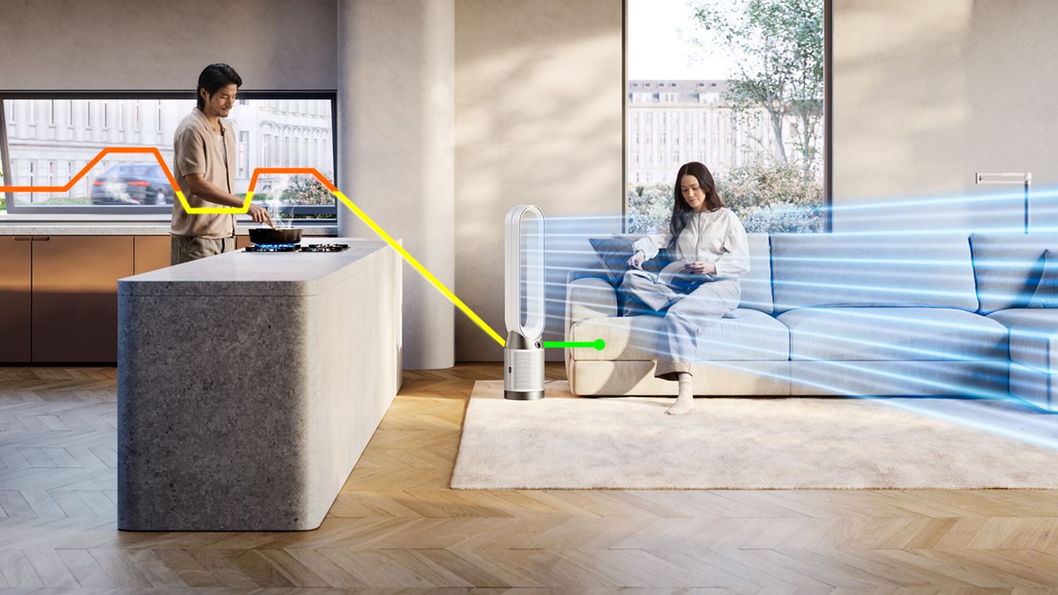 The Dyson Purifier Cool PC1 cleaning cooking gases from the air while delivering a cool breeze.