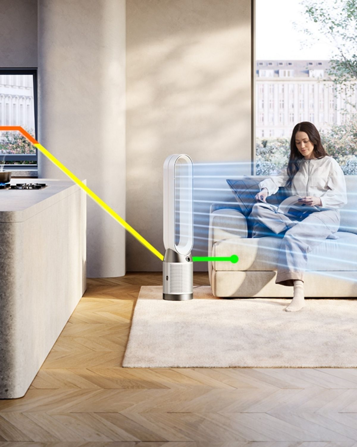 The Dyson Purifier Cool PC1 cleaning cooking gases from the air while delivering a cool breeze.