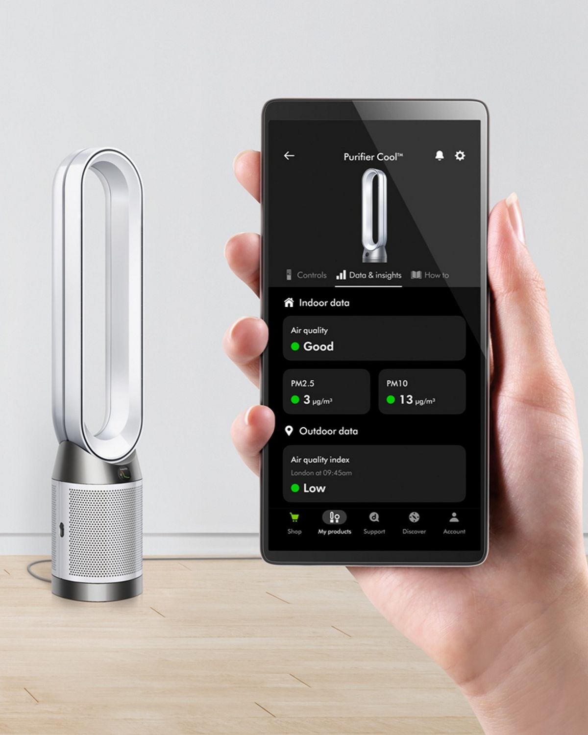 The Dyson Purifier Cool PC1 air purifier being controlled remotely via the MyDyson app.