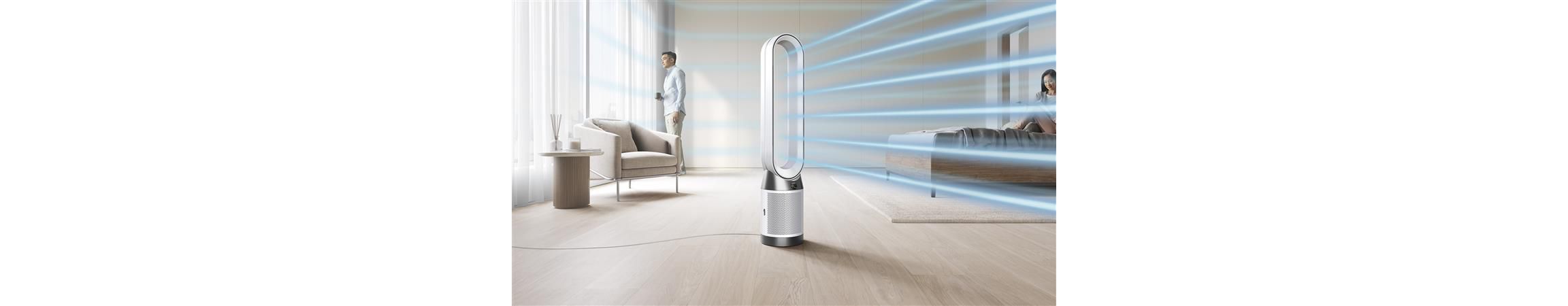 Очиститель воздуха Dyson Purifier Cool PC1 распределяет прохладный поток очищенного воздуха по большому помещению.