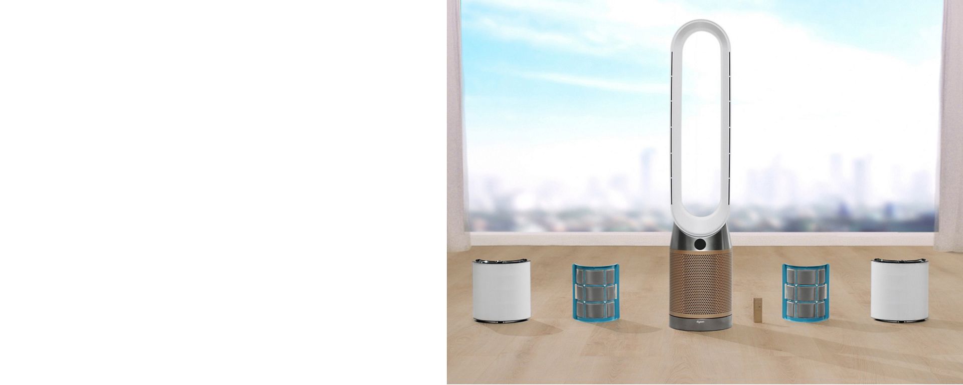 A purifier with the filters and remote alongside.