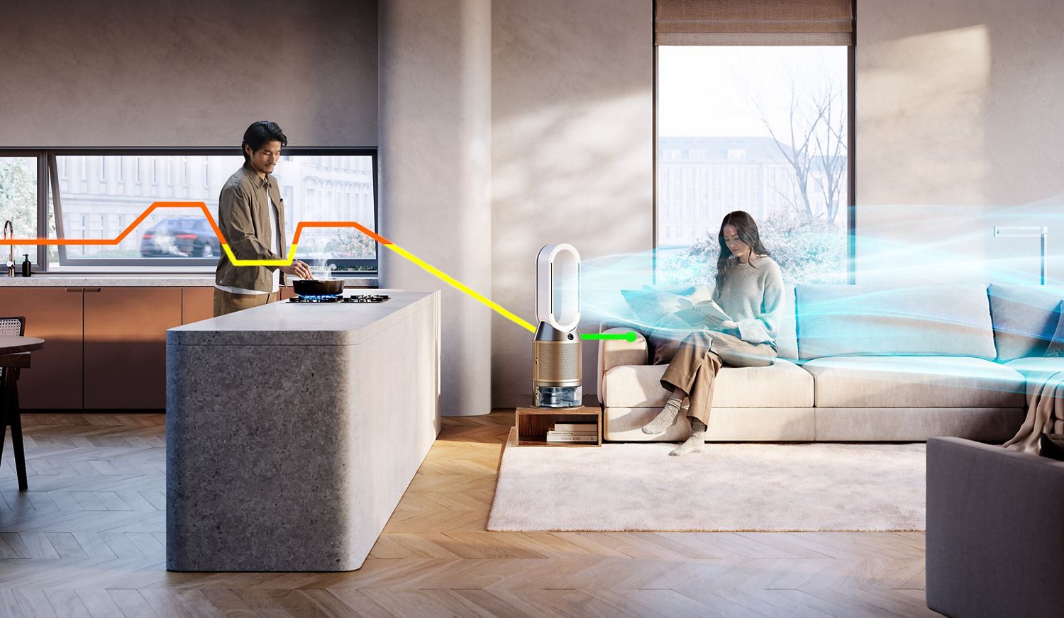 Dyson Purifier Humidify+Cool PH2 De-NOx in a living space.