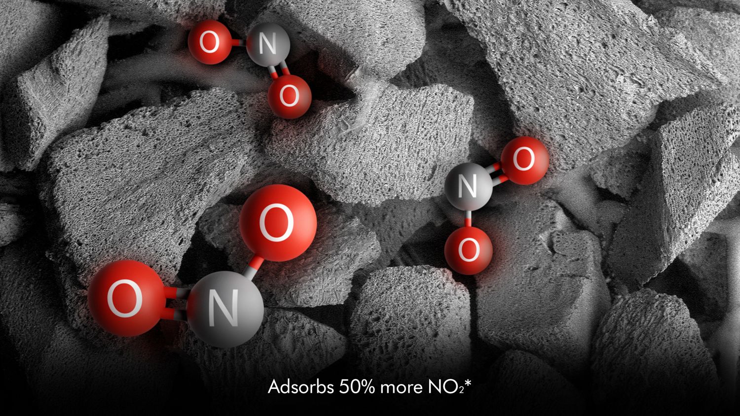 Computer generated NO2 molecules trapped in the K-Carbon filter.