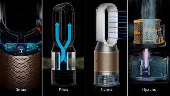 Drei Abbildungen: Die Sensortechnologie des Geräts und das Display, das die Luftqualität anzeigt. Eine grafische Darstellung des Dyson Filtrationssystems. Ein Dyson Luftreiniger verteilt einen kraftvollen Luftstrom.