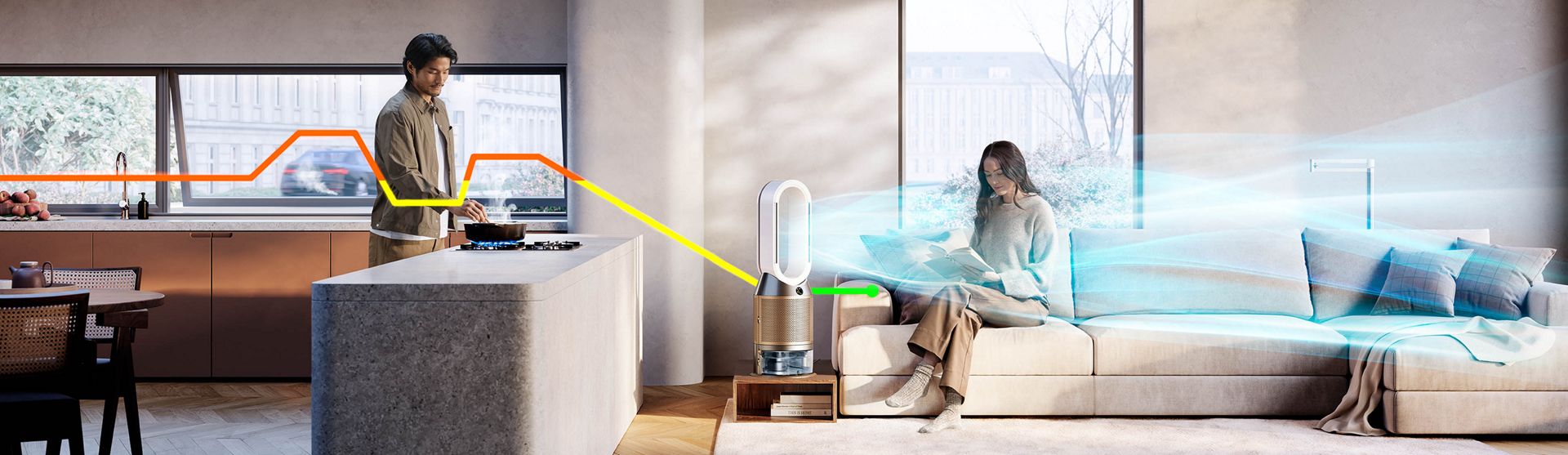 Ein Wohnbereich mit einer Person, die kocht, sowie einer Person, die auf dem Sofa sitzt und liest. Ein Dyson Luftreiniger mit Befeuchtungsfunktion reinigt die Luft.