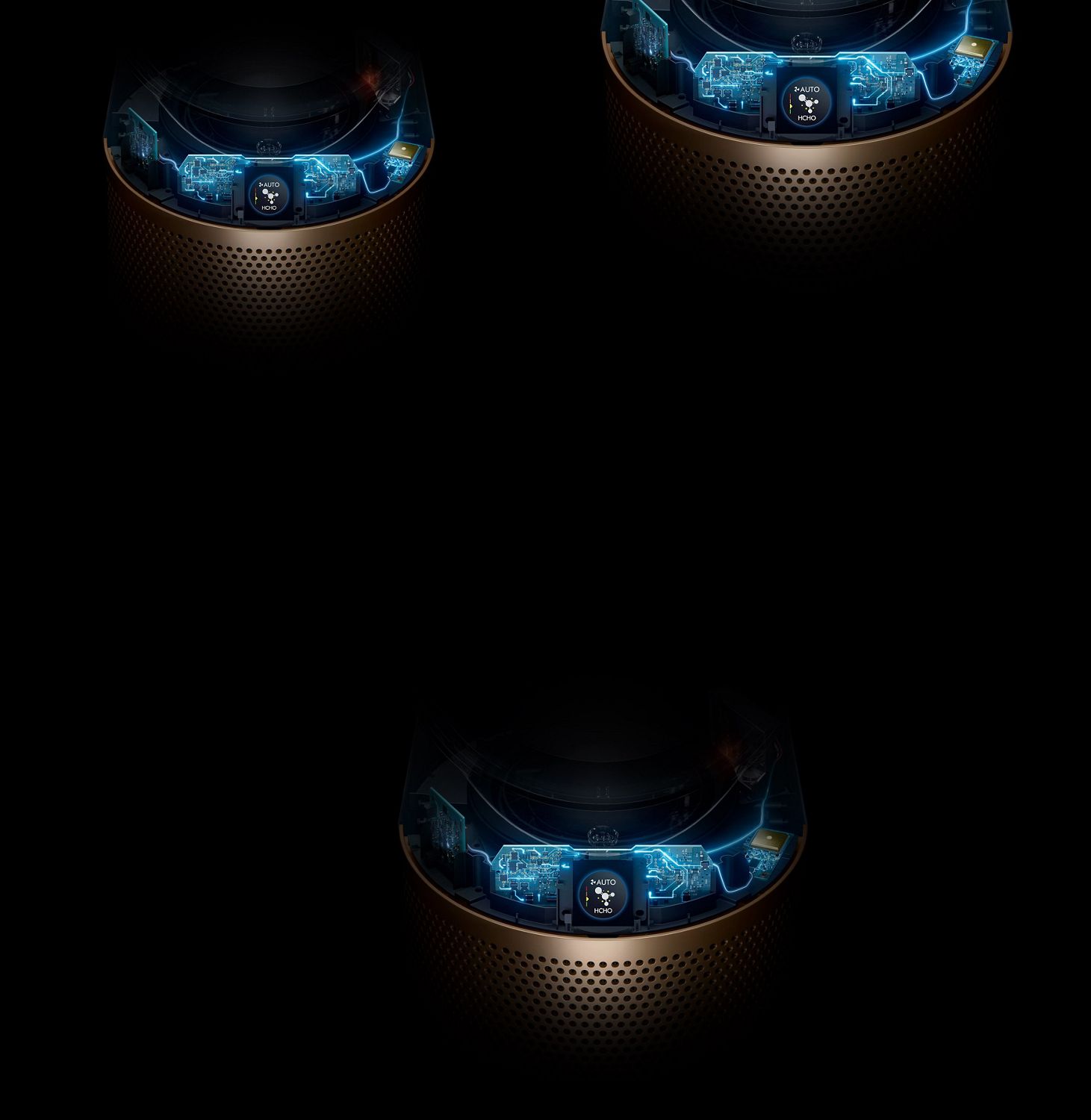 Internal sensing technology and LCD screen showing air quality.