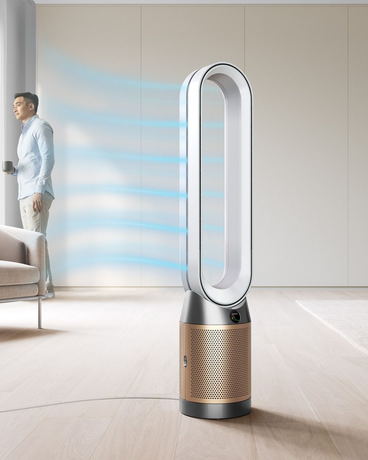 Purifier working automatically while a person enjoys a drink.