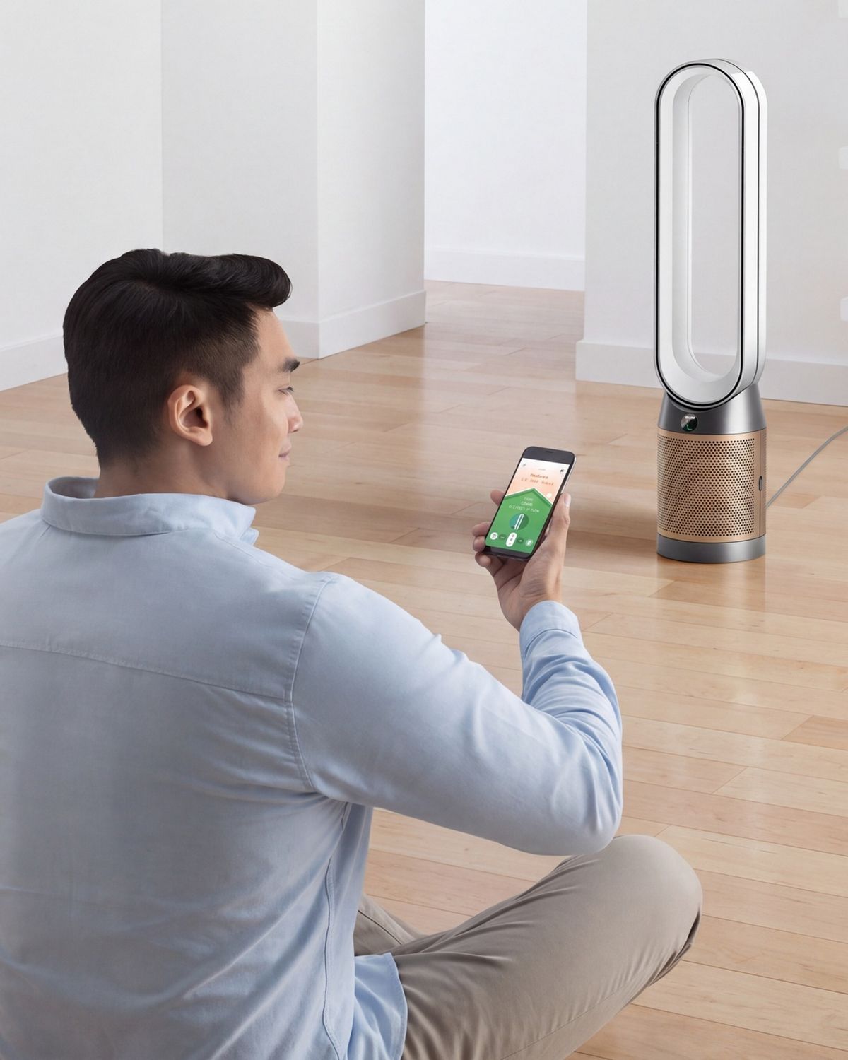 Person operating a purifier using the MyDyson app on a mobile device.