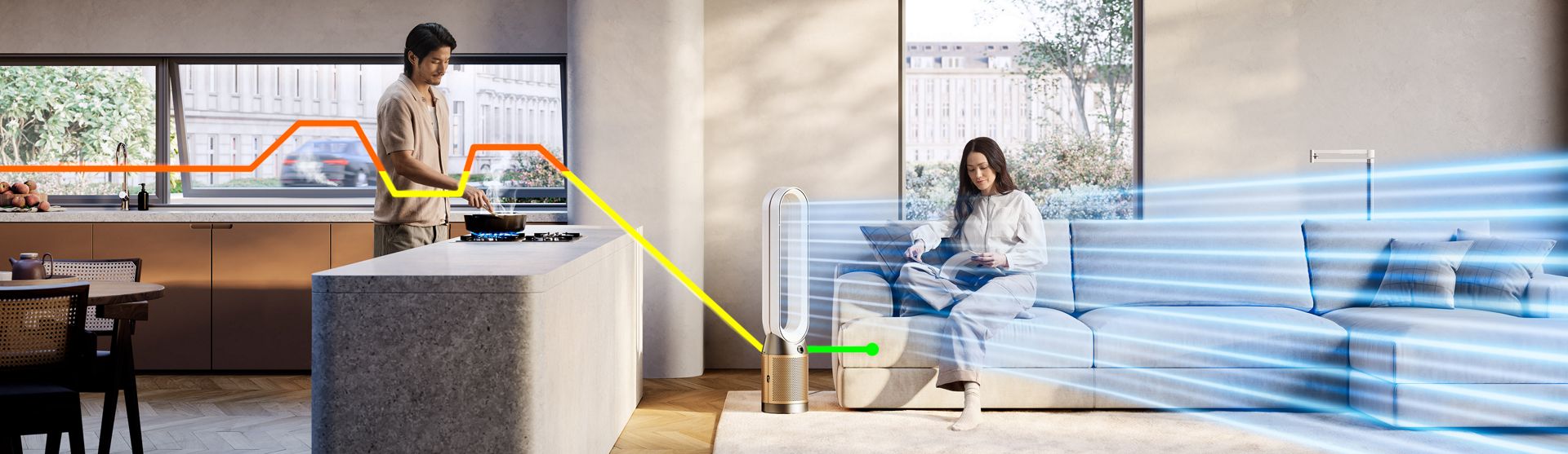 Et oppholdsrom med en person som lager mat og en person som sitter på en sofa og leser. En Dyson luftrenser renser luften.