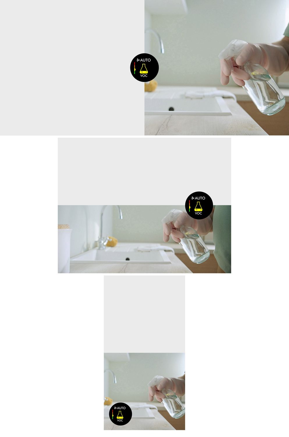 A hand sprays cleaning products from a bottle. A hand sprays cleaning products from a bottle.