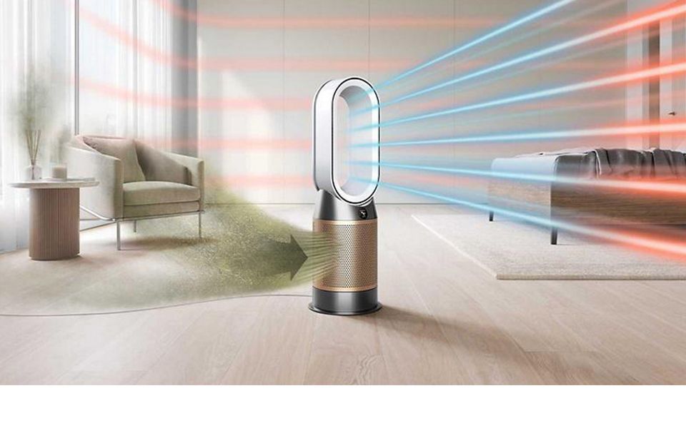 清潔でミニマルな部屋で、汚染物質を取り込み清浄された温風を送る、Dyson Purifier Hot+Cool Formaldehyde ホワイト／ゴールド