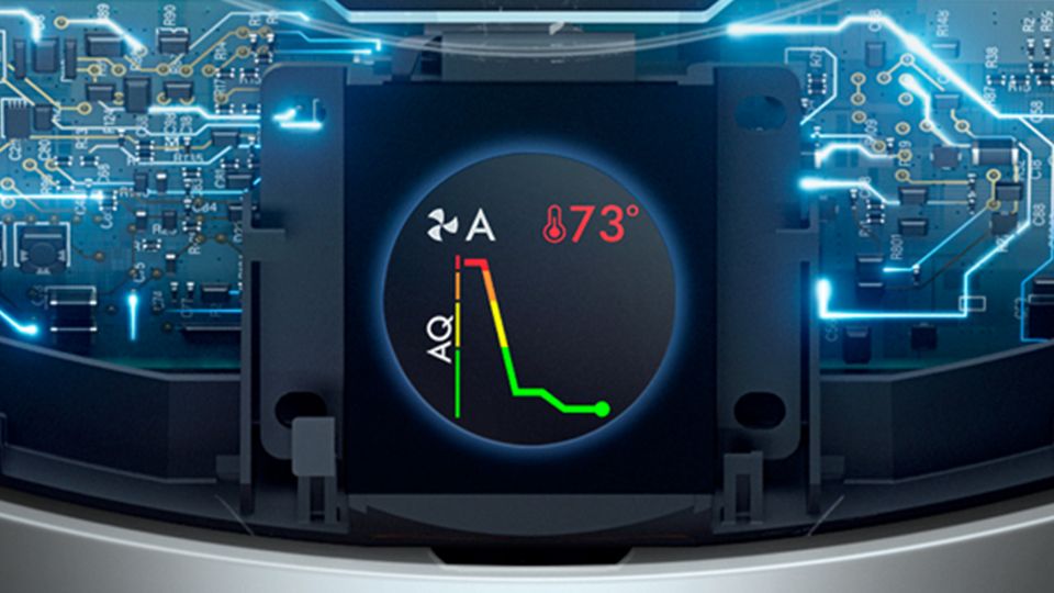 Internal sensing technology and LCD screen showing air quality