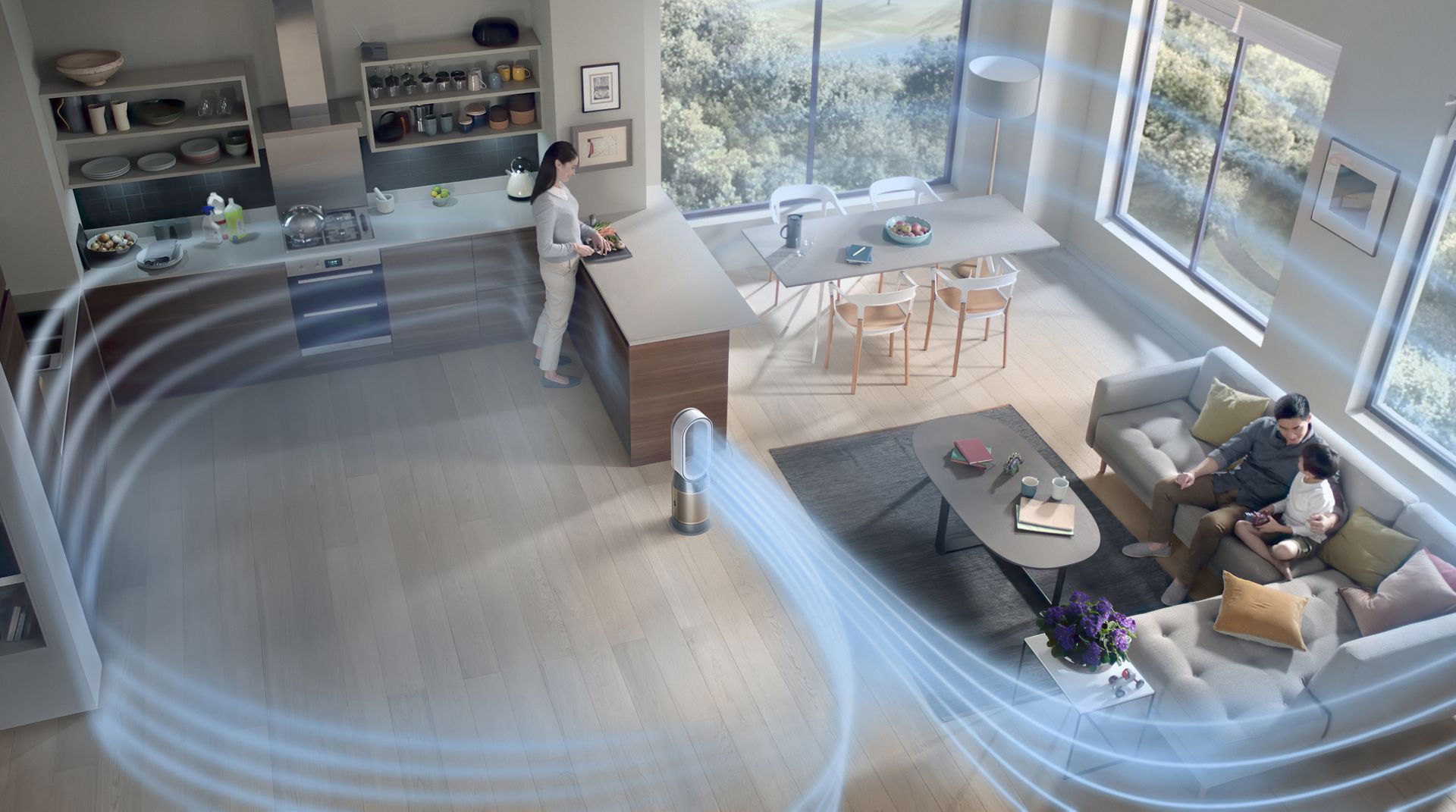 Purificateur Dyson Purifie Hot+Cool Formaldehyde en train de purifier un vaste salon