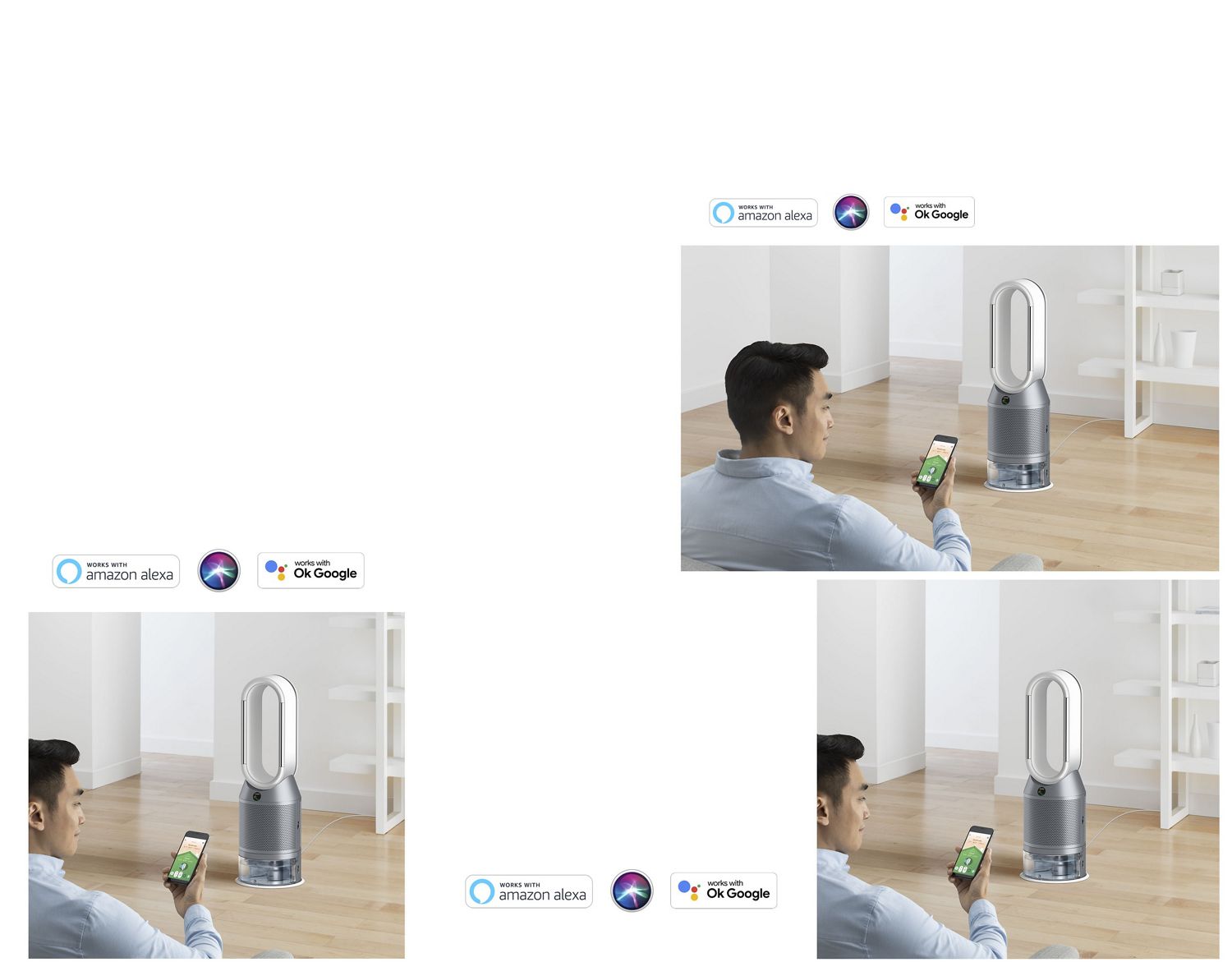 Uomo che usa l'app Dyson link vicino a un purificatore umidificatore