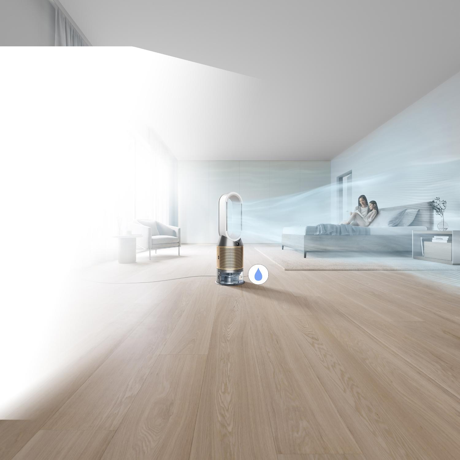 Pollutants captured by the Dyson purifier humidifier fan and purified air expelled
