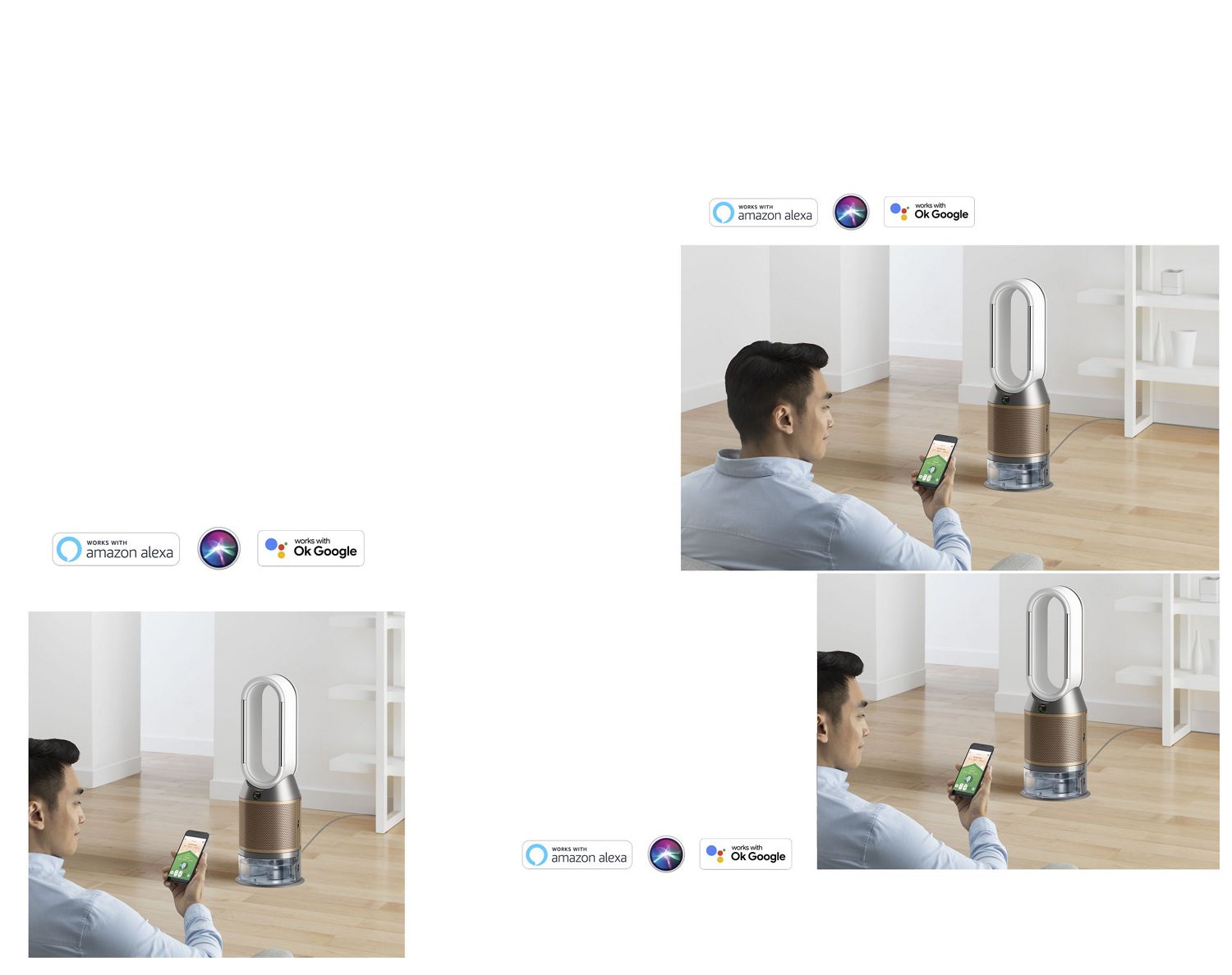 Man using Dyson link app beside Dyson purifier humidifier 