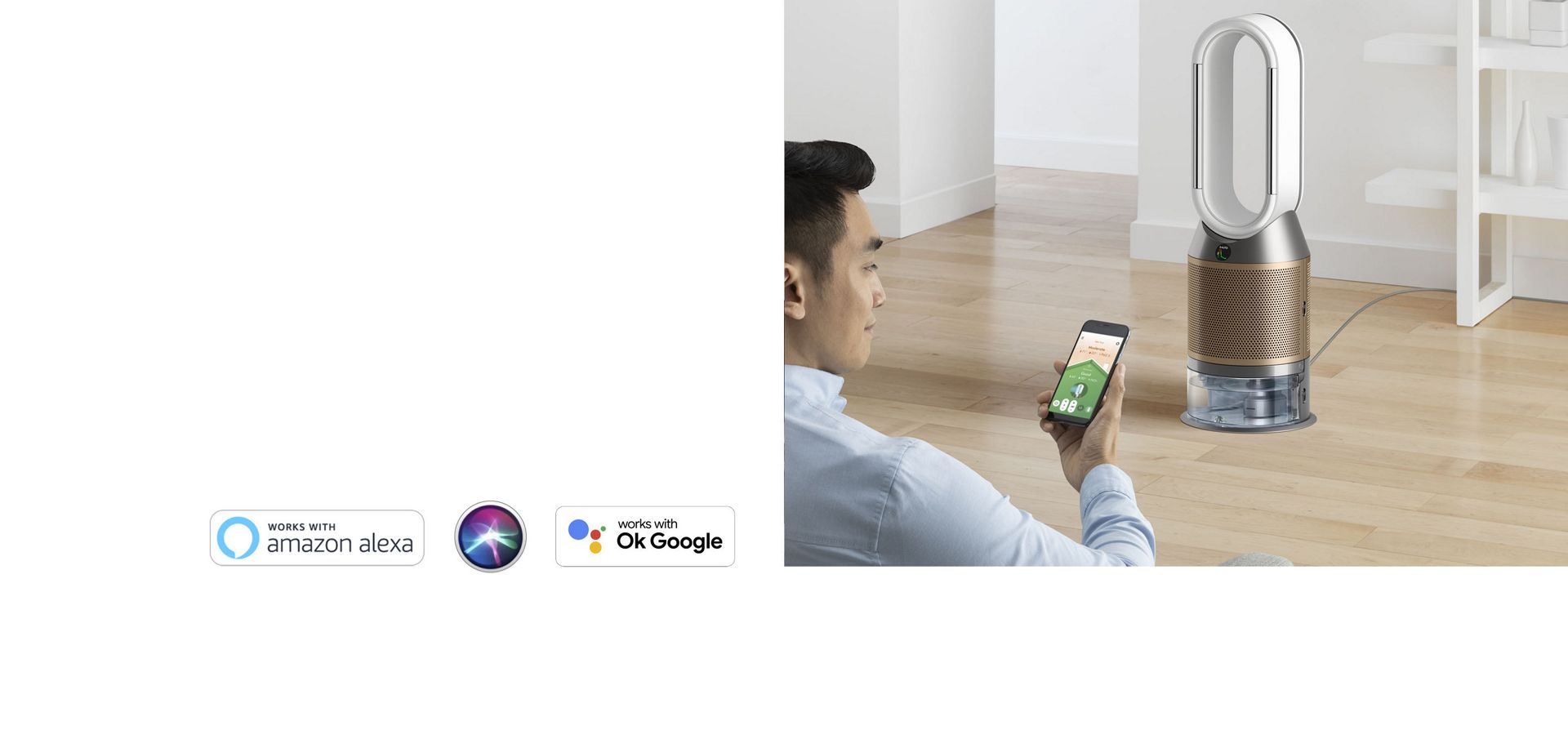 Homme utilisant l'application MonDyson à côté de l'humidificateur purificateur Dyson