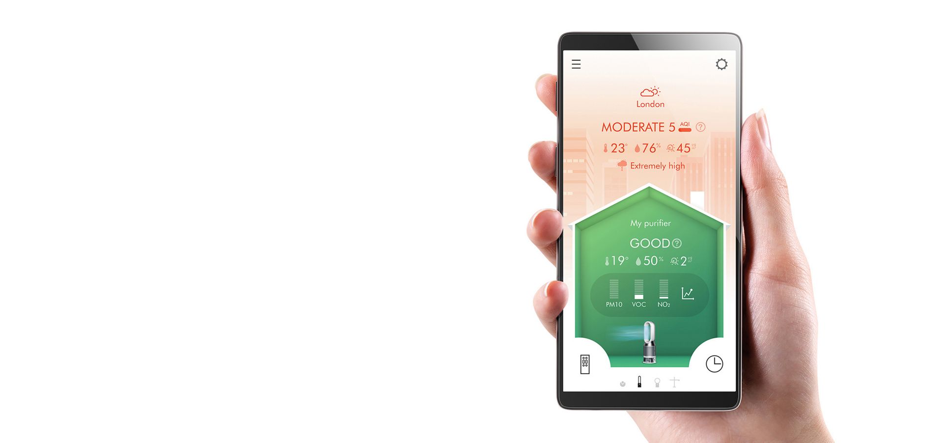 The Dyson Link app displaying both indoor and outdoor air quality
