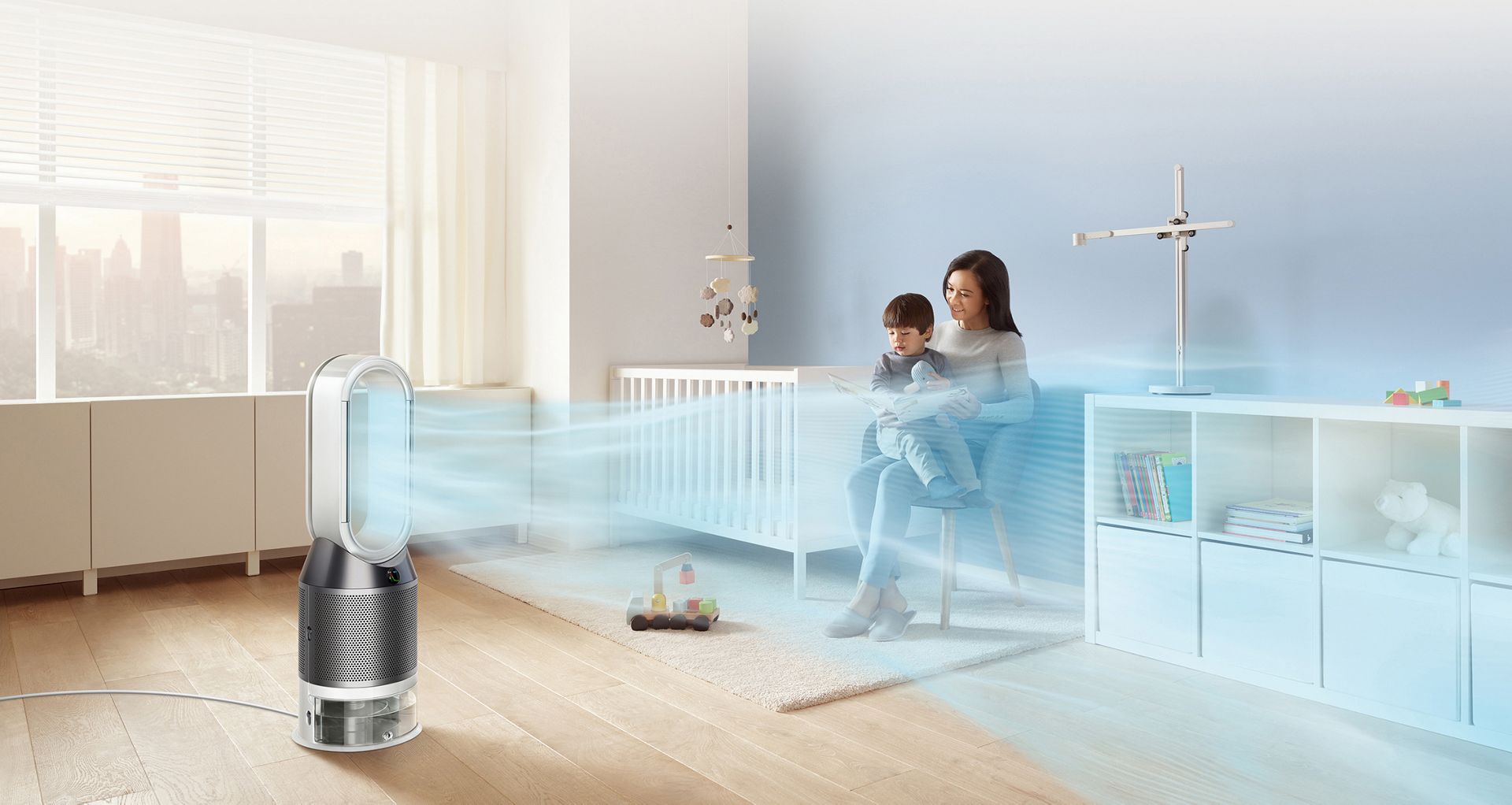 The Dyson Pure Humidify + Cool projecting humidified air around the child room
