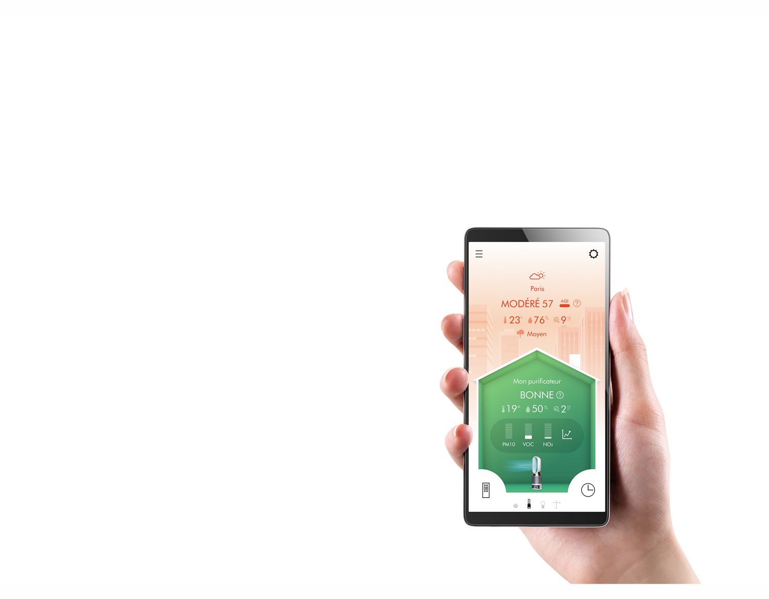 L'application Dyson Link affichant des rapports en temps réel sur la qualité de l'air intérieur