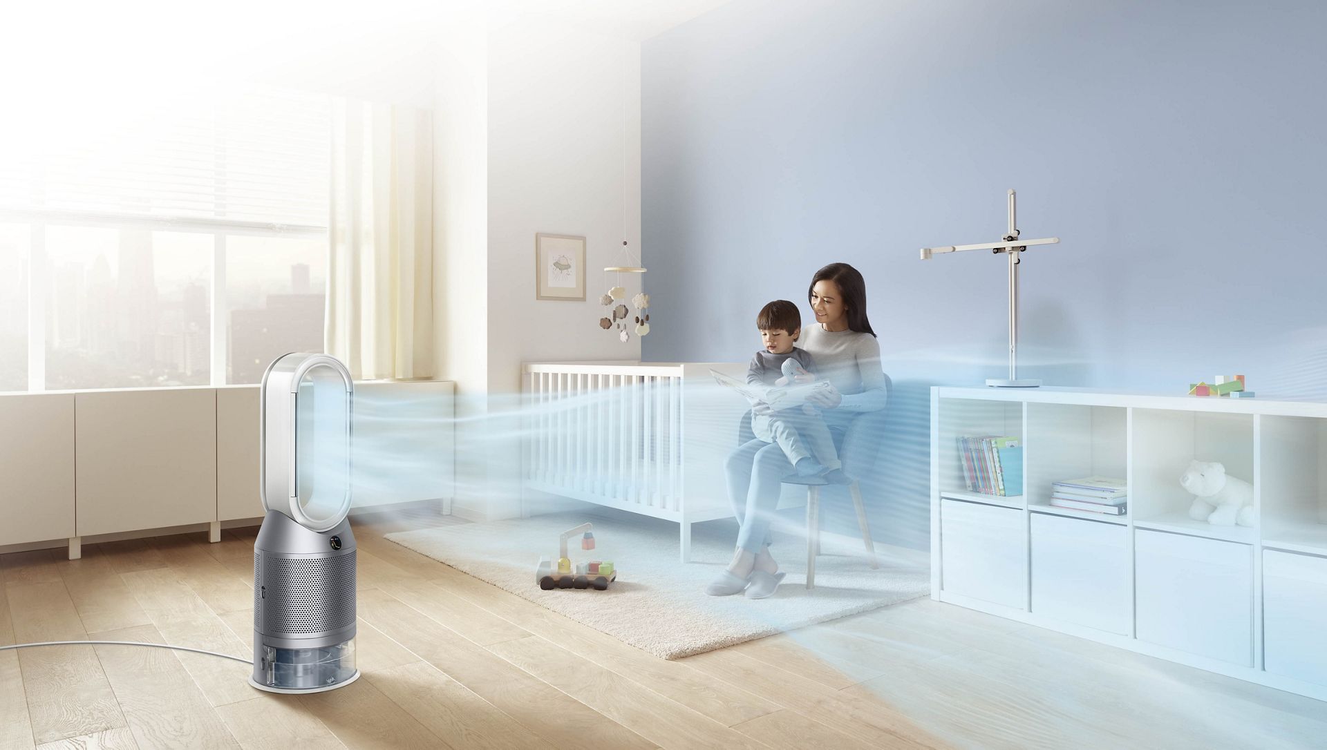 Family room with purifier humidifier projecting airflow