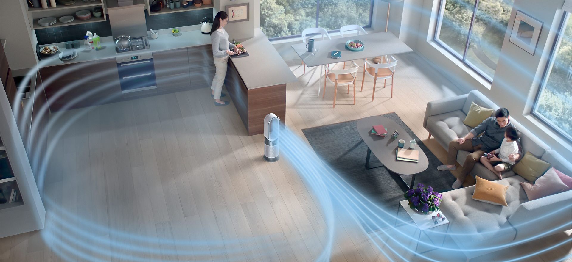 Un Dyson Purifier Hot+Cool Gen1 Cool en train de purifier toute une pièce