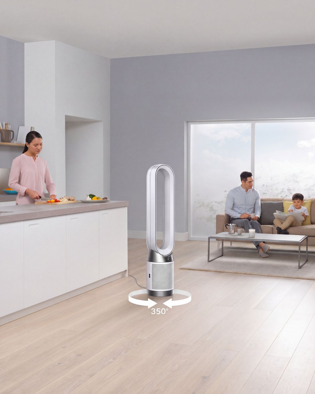 A woman puts a baby in its crib in the background while in the foreground, a Dyson Pure Cool  purifier fan is shown projecting purified air into the room. 