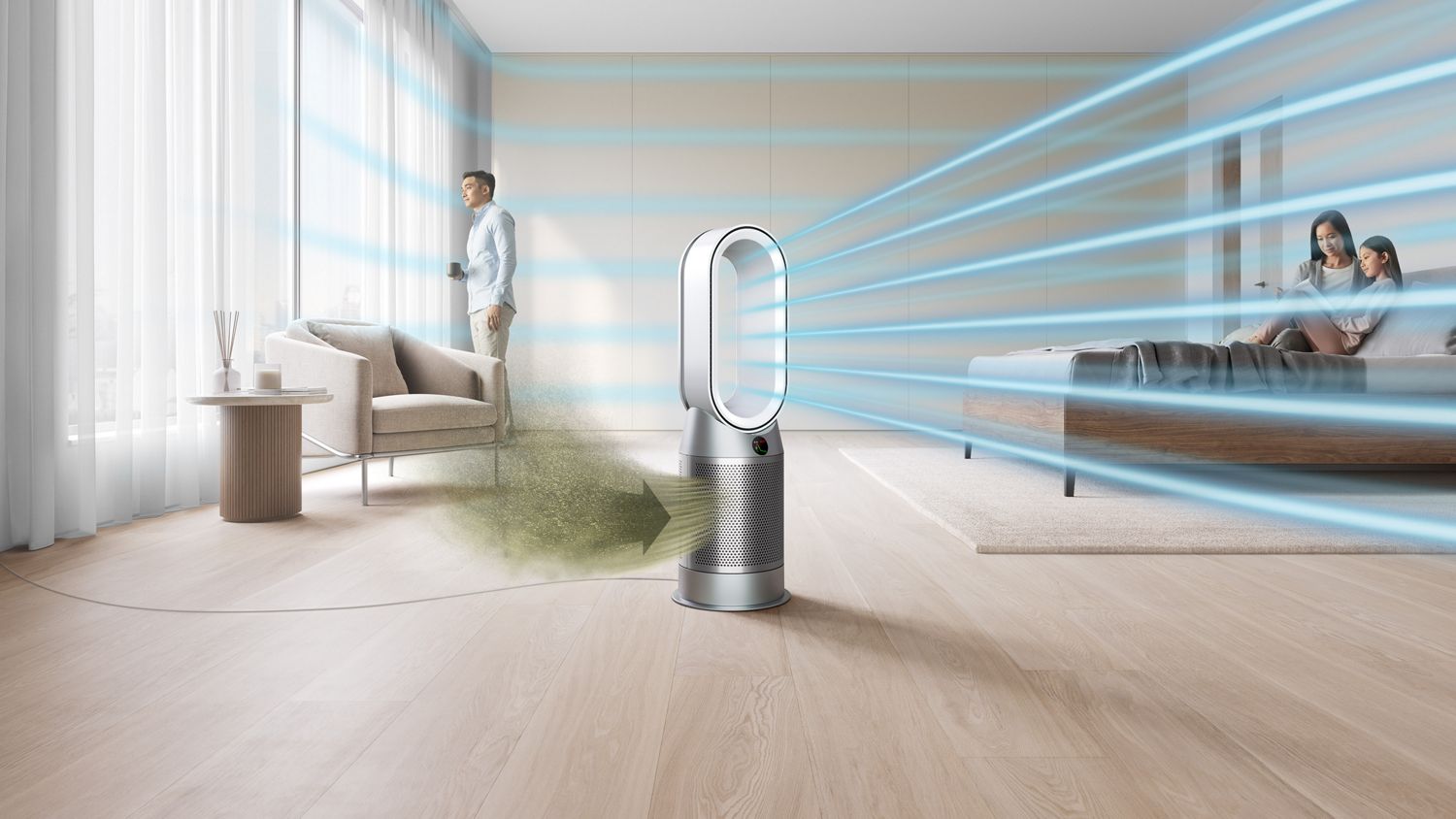 Dyson Purifier Hot+Cool Autoreact purifying a large bedroom  