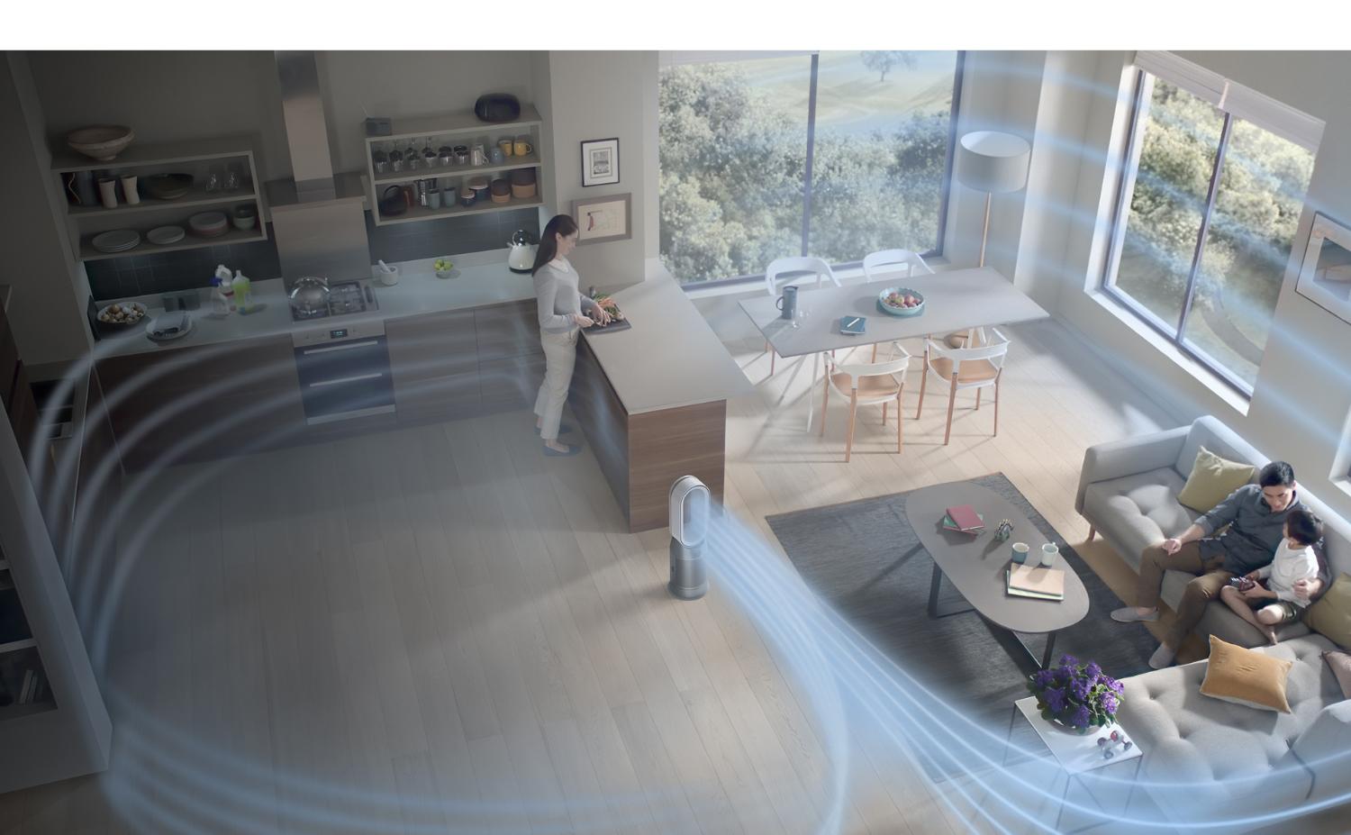 Dyson Hot+Cool Autoreact Luftreiniger reinigt eine große Wohnfläche