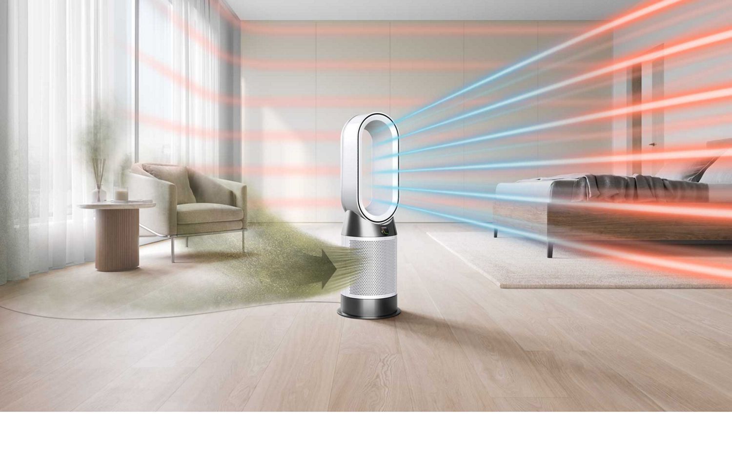 Dyson Purifier Hot+Cool HP1 circulating purified air throughout a bedroom.