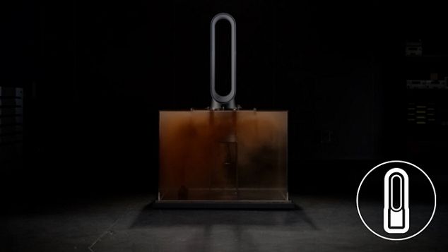 A Dyson air purifier in a laboratory test rig demonstrating how it clears pollutants from the air.