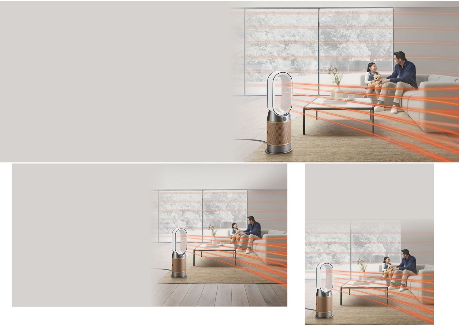 Graphic overlays show the powerful heated airflow generated by the Dyson Purifier Hot+Cool. Graphic overlays show the powerful heated airflow generated by the Dyson Purifier Hot+Cool.
