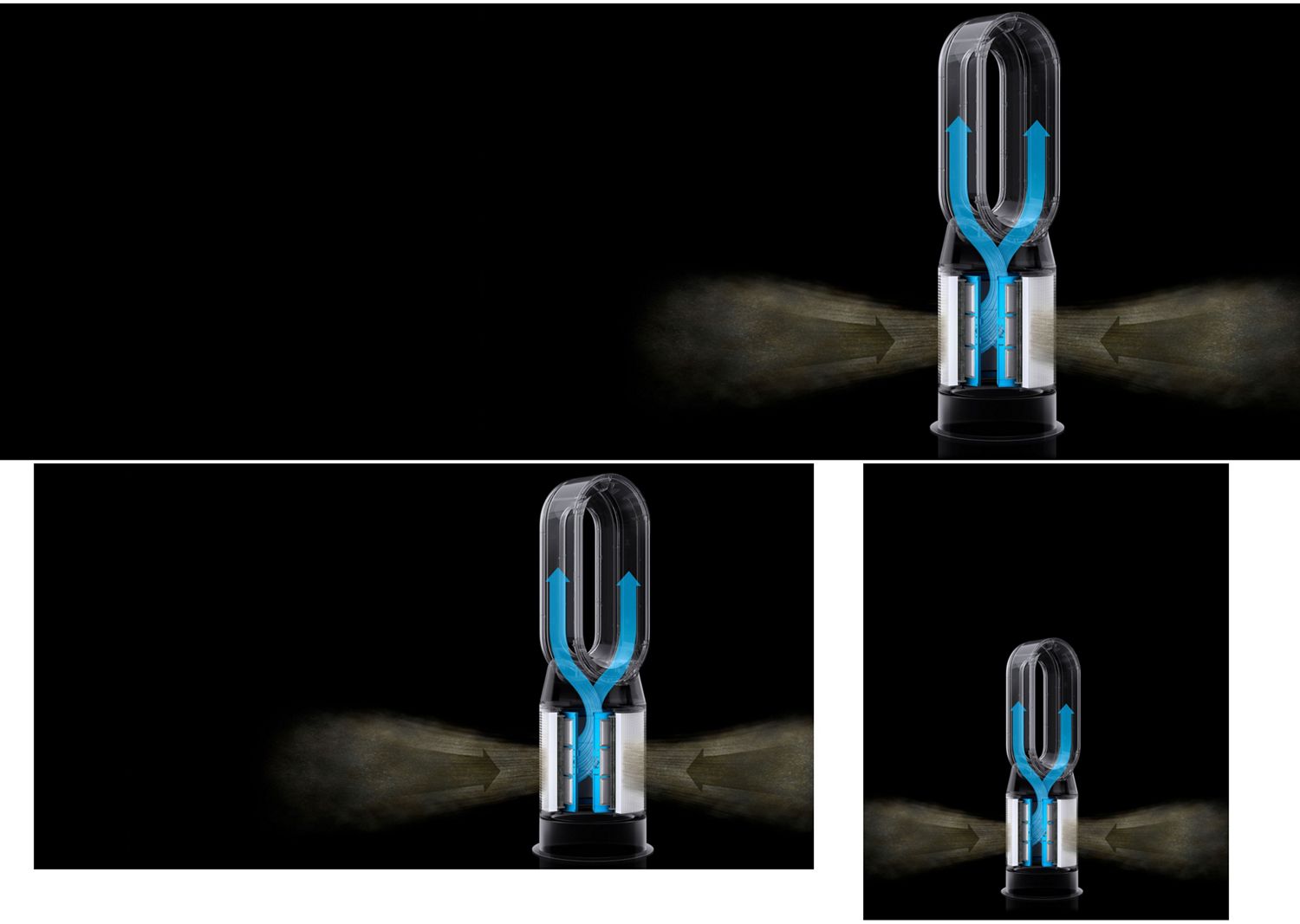 Graphic overlays show ultrafine particles being caught and trapped by a Dyson purifier. Graphic overlays show ultrafine particles being caught and trapped by a Dyson purifier.