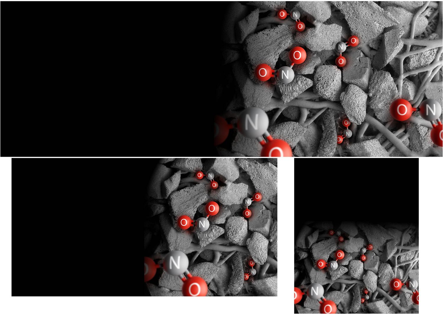 CGI rendering of nitrogen dioxide molecules being trapped in a purifier filter. CGI rendering of nitrogen dioxide molecules being trapped in a purifier filter.