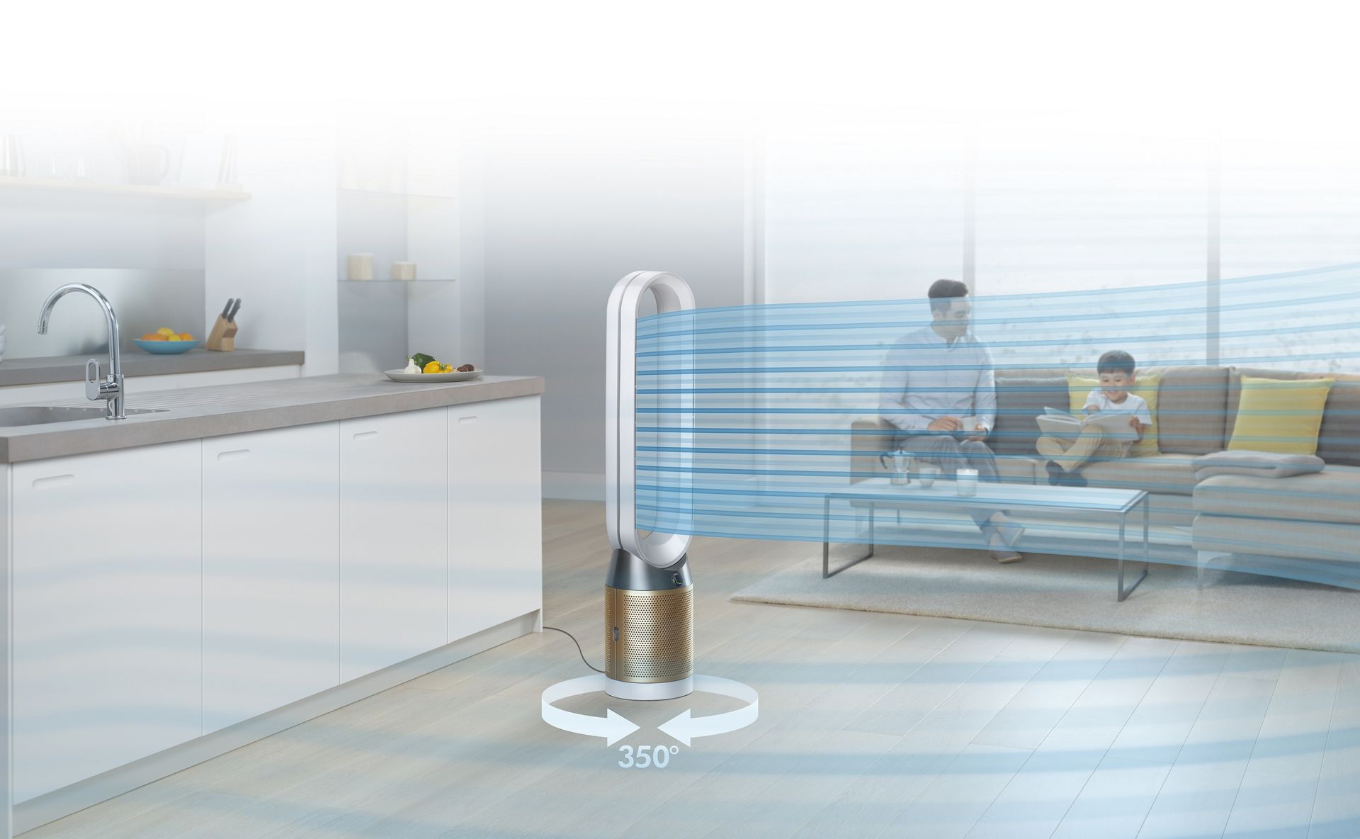Dyson Pure Cool Cryptomic che diffonde aria purificata e rinfrescante all’interno di un ampio salotto con cucina a vista