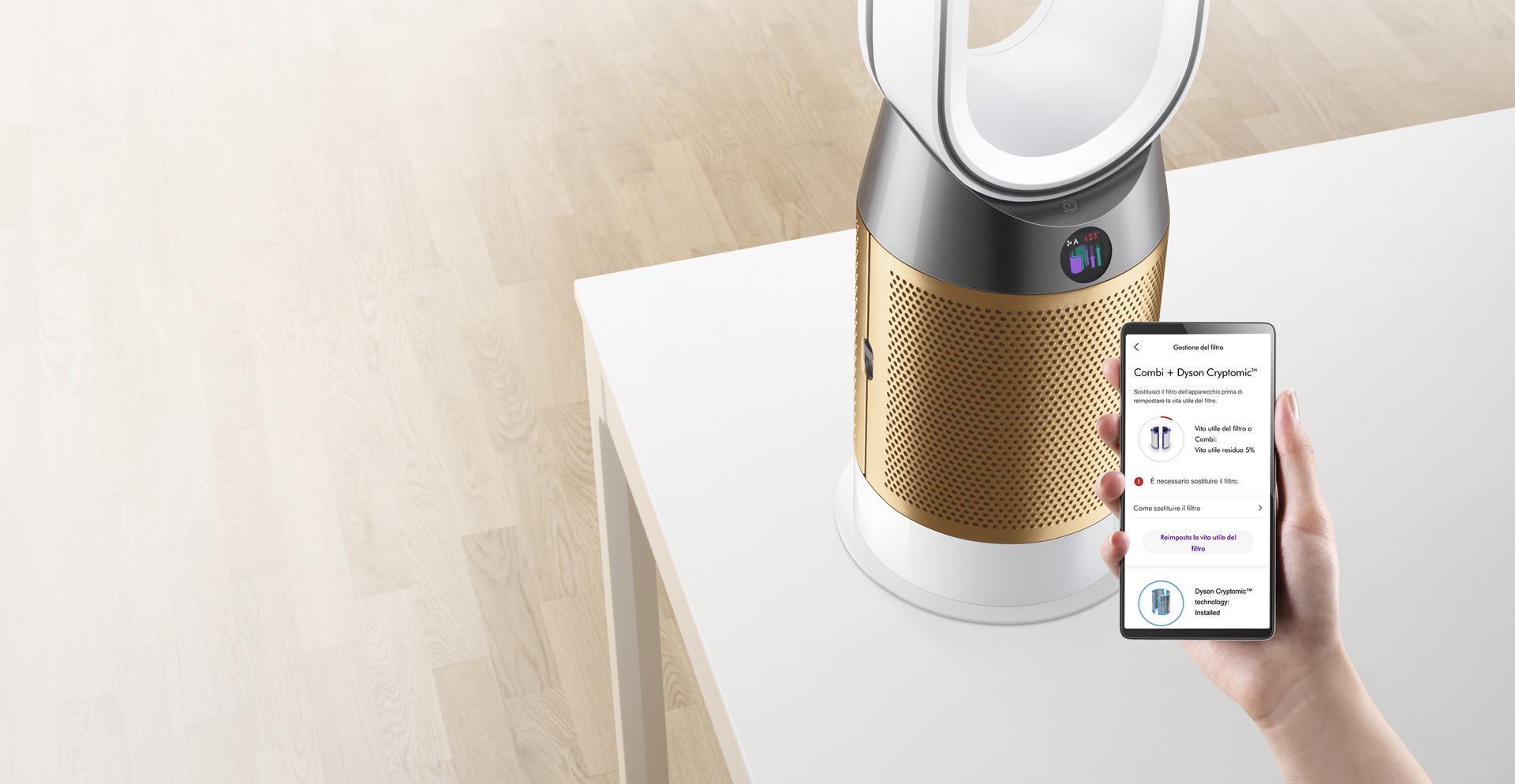 Una persona che utilizza l’app Dyson Link per controllare la vita utile del filtro del purificatore.
