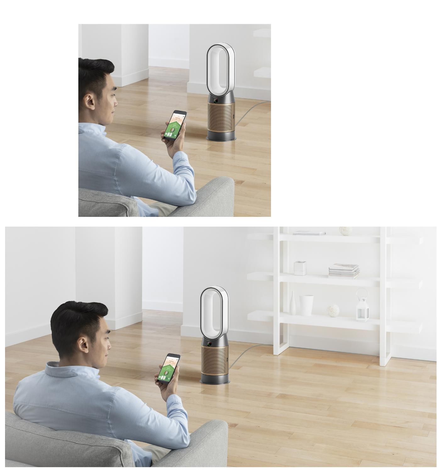 Man die Dyson Luchtreinigingsventilator bedient met Dyson Link app