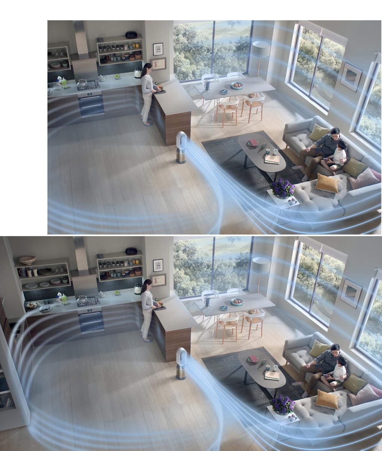 Dyson hot+cool formaldehyde luchtreinigingsventilator die de lucht reinigt in een grote woonkamer