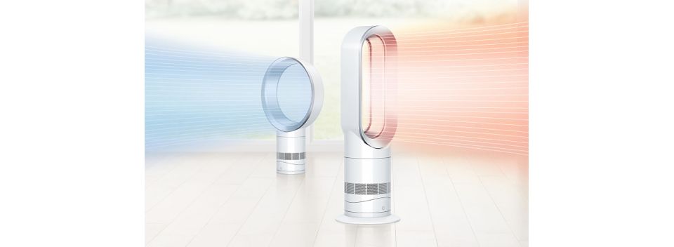A graphics to show a Dyson Fan heating and another cooling