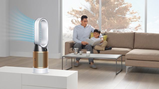  A Dyson Pure Cryptomic purifier diverting diffused airflow through the back of its loop 