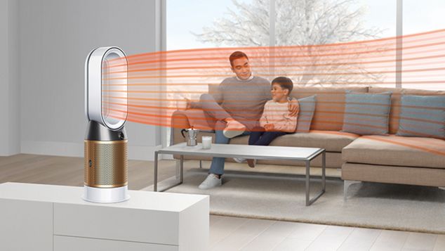 A Dyson Pure Cryptomic purifier projecting heated air throughout the room 