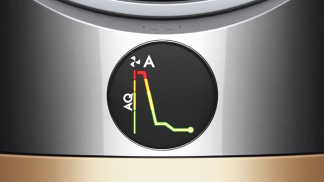 Dyson purifier LCD screen with graph to show pollutant levels 