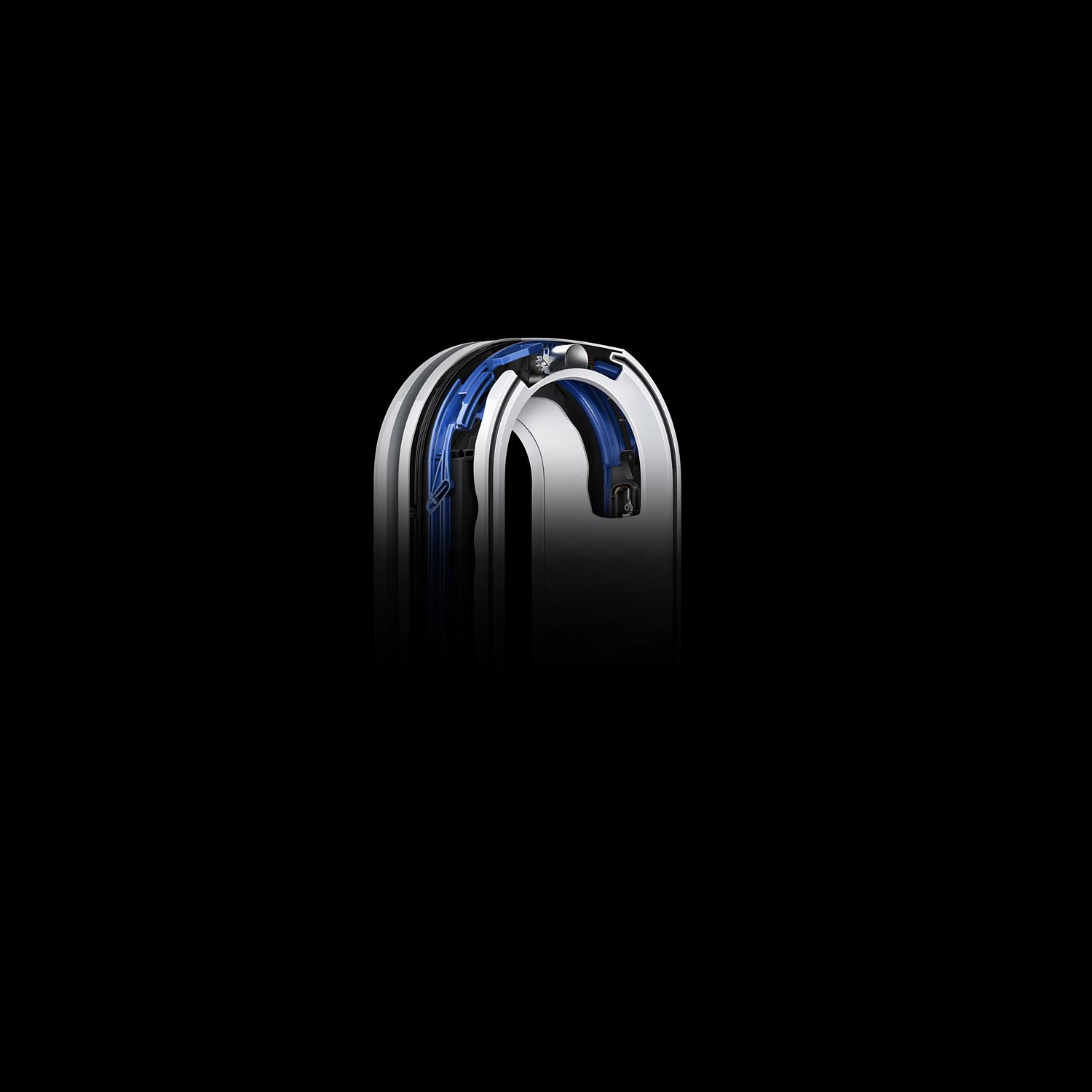 Un purificateur Dyson Pure Cryptomic avec ses ouvertures d’air et son mécanisme à soupape exposé.