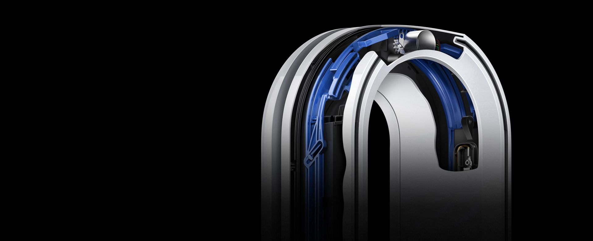 Un purificatore Dyson Pure Cryptomic con aperture dell’aria e meccanismi della valvola scoperti.