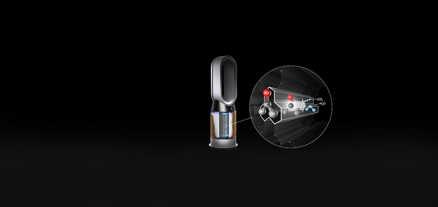 Un purificateur Dyson Cryptomic avec un très gros plan sur l’un des tunnels nanoscopiques de la technologie de filtre, en train de détruire des particules de formaldéhyde.