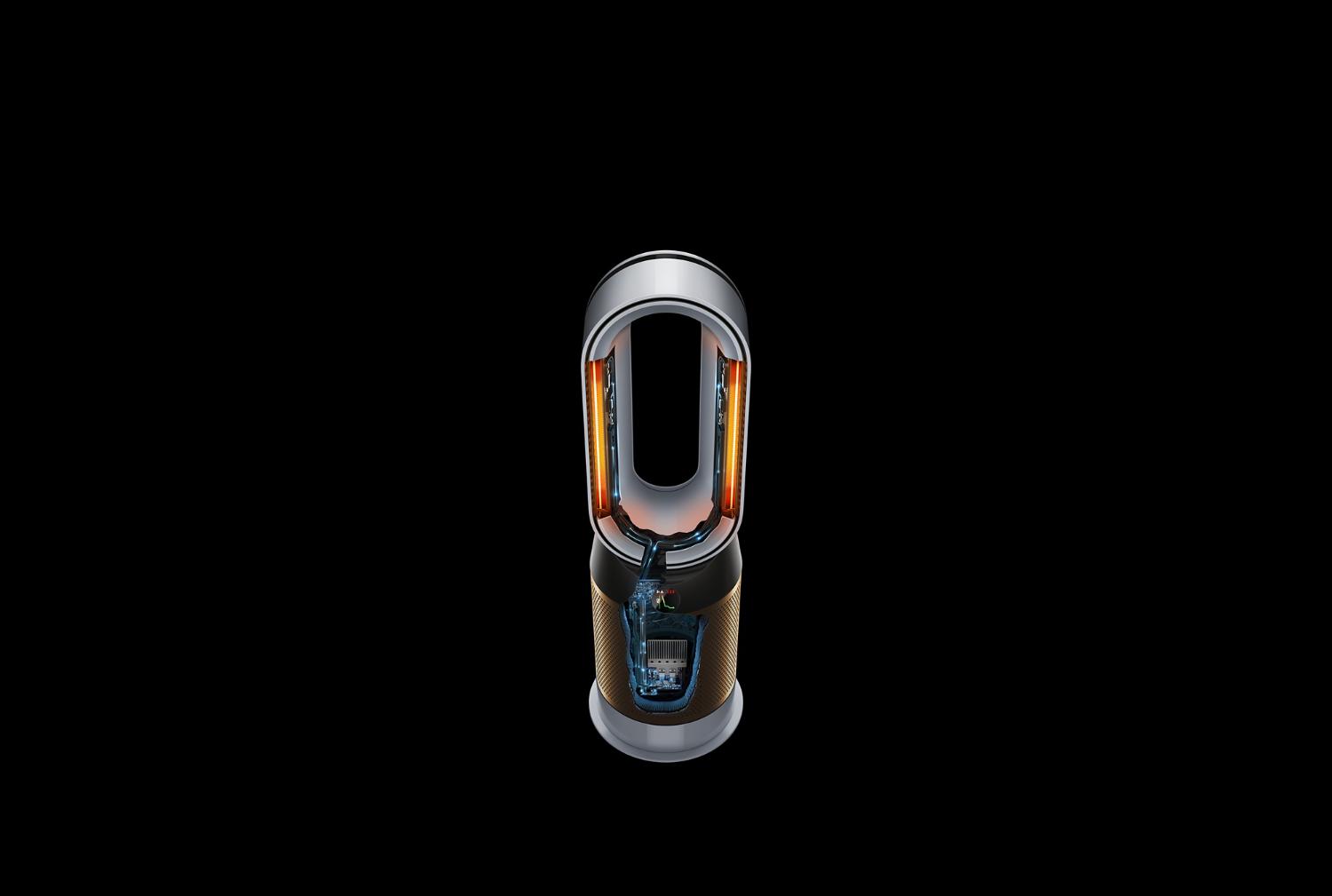 Le Dyson Pure Hot+Cool Cryptomic avec ses plaques en céramique chauffantes et son thermostat exposés